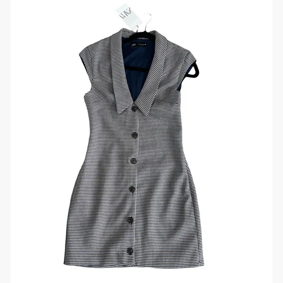 Zara NWT navy and brown mini houndstooth checkered lapel collar dress - Picture 4 of 9